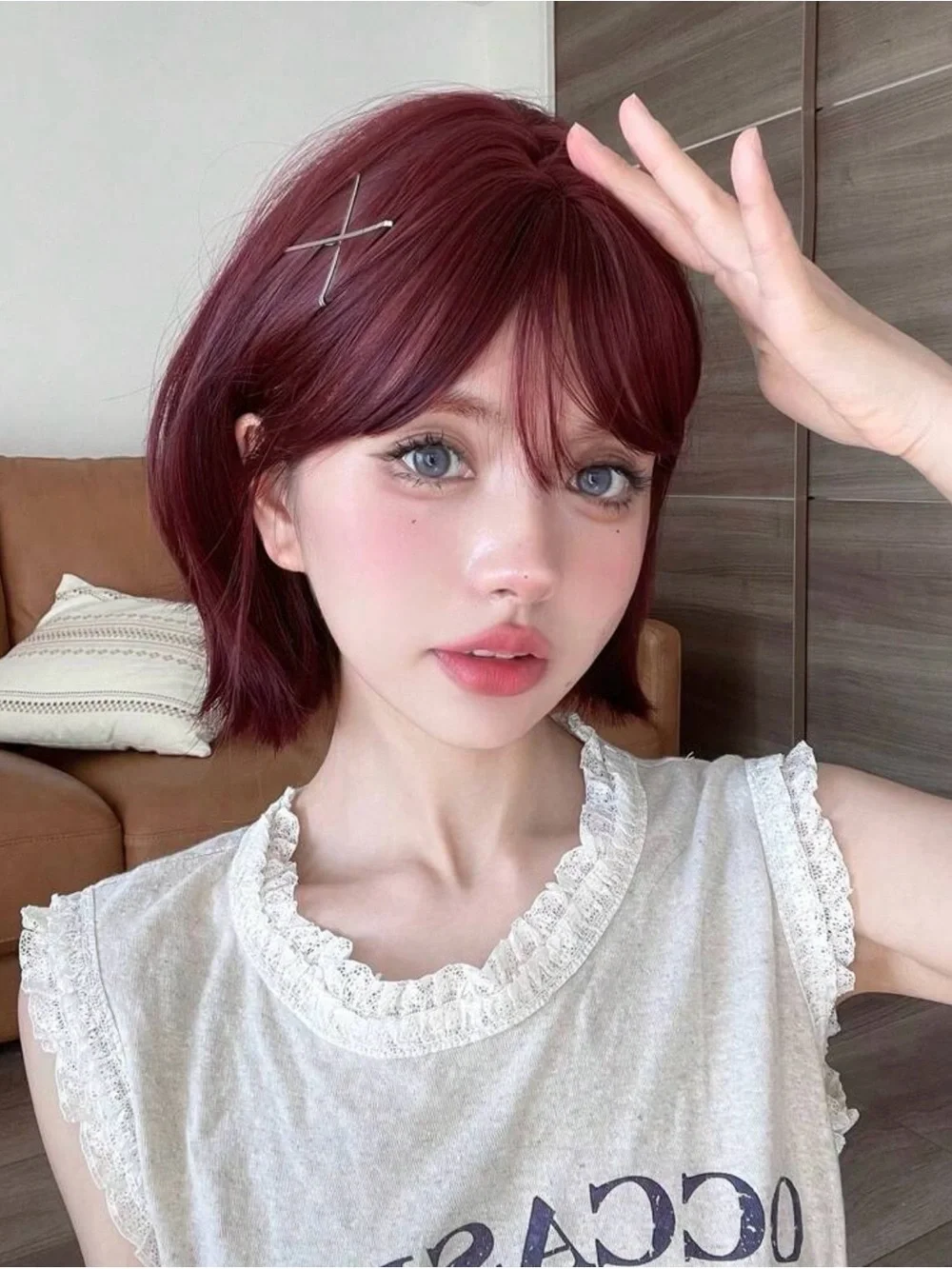 Heat Resistant Burgundy Bob Wig with Bangs 12”